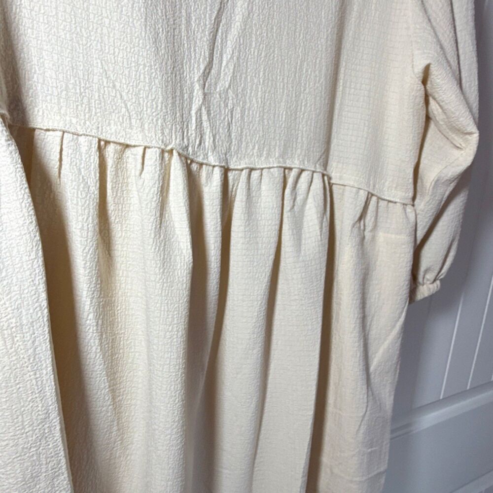 AIMAGE Beige Fit & Flare Midi Dress Button Pleated Pockets 3/4 Balloon Sleeve L - Picture 3 of 11